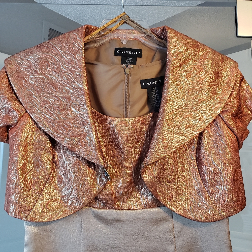 Stunning and unique CACHET dress and jacket, size 4, gold and copper color